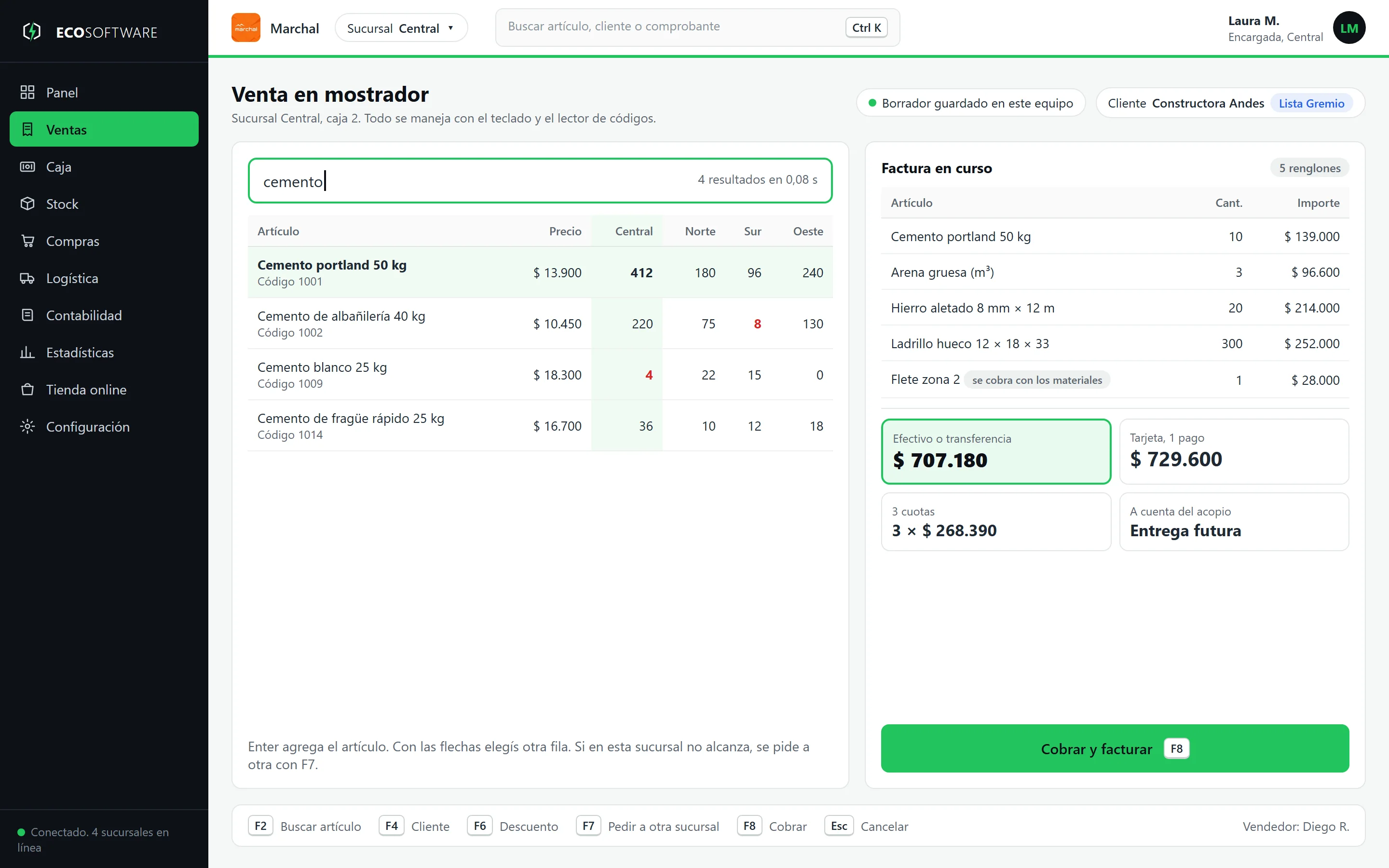 Pantalla de venta en mostrador con buscador de artículos, stock por sucursal, factura en curso con renglón de flete y totales en efectivo y en cuotas