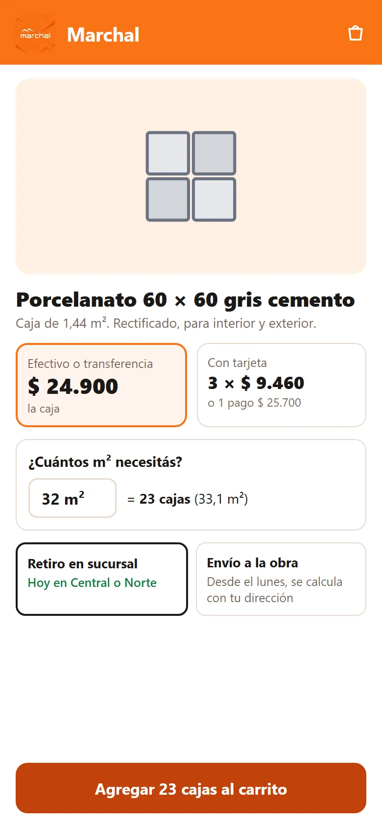 Ficha de un porcelanato en la tienda con precio en efectivo y con tarjeta, calculadora de metros cuadrados a cajas y opciones de retiro o envío