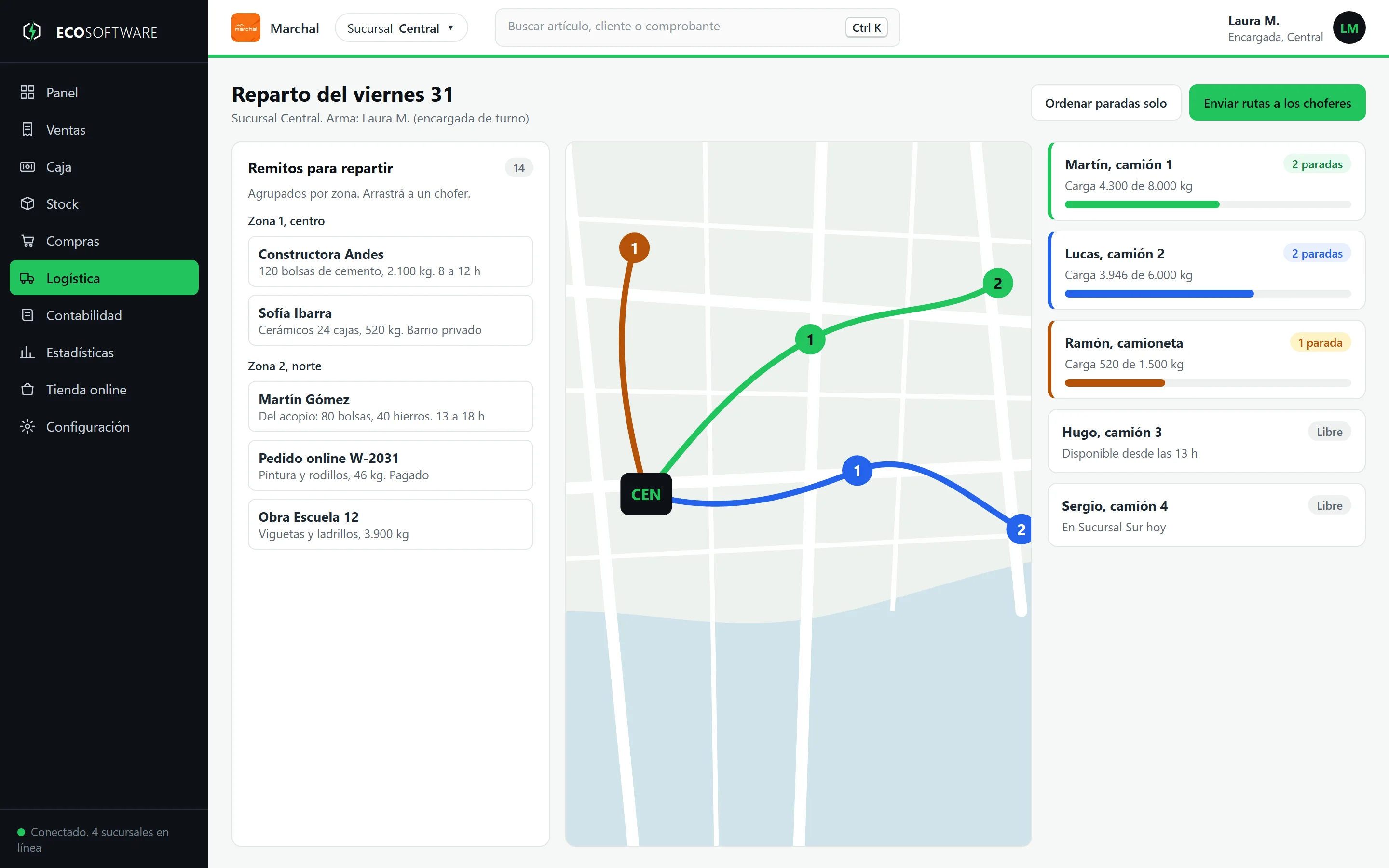 Pantalla de reparto con remitos agrupados por zona, mapa con las rutas de los camiones y lista de choferes con su carga