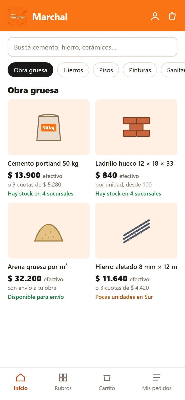 Tienda online de Marchal en el celular con buscador, rubros y productos con precio en efectivo, en cuotas y stock por sucursal
